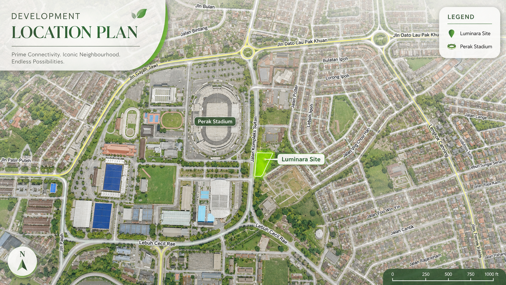 Location plan — The Luminara site relative to Perak Stadium and the surrounding street grid
